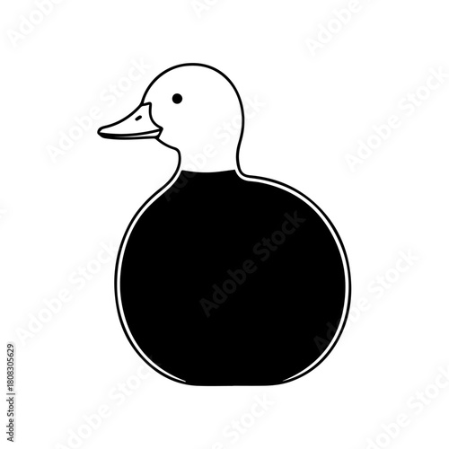 A simple black and white duck icon featuring a stylized round body. This minimalist vector graphic represents a waterfowl bird for logos or design