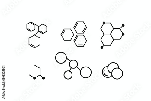 Minimalist molecule and chemical structure icon set for science, medicine, and biotechnology design. Editable vector graphics