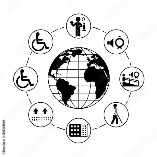 A collection of disability and accessibility icons arranged in a circle around a globe