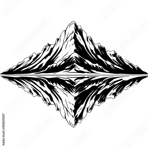 Striking symmetrical illustration of rugged mountain peaks and their perfect reflection, capturing the serene duality of nature's majestic landscapes