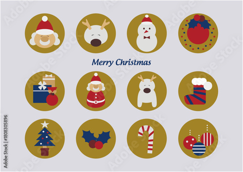 クリスマスシンボル　可愛いサンタクロースや雪だるまのアイコンラベルのセット