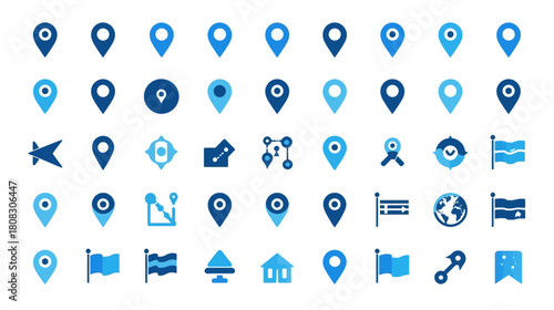 Collection of blue location and map pin icons.