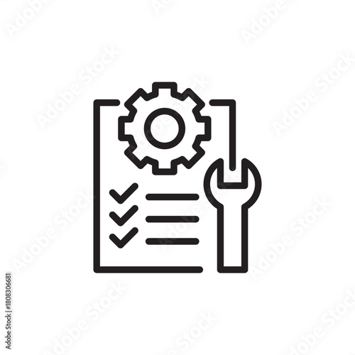 Predictive maintenance icon. Features a checklist, gear, and wrench. Represents service scheduling, IoT diagnostics, asset reliability, process optimization, and industrial automation for factory.