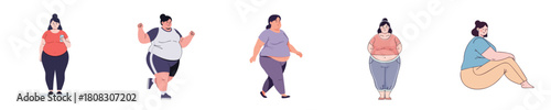 Body Positive Modern Flat Design Vector Set Of Diverse Overweight Women Standing Walking And Sitting Concept