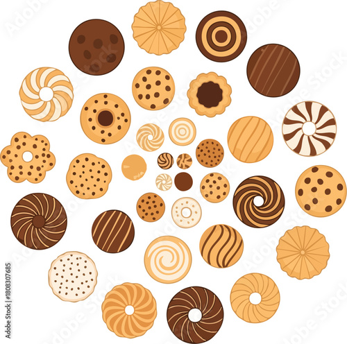 Flat lay of assorted cookies on a white background, showcasing various textures and patterns in shades of brown and beige.
