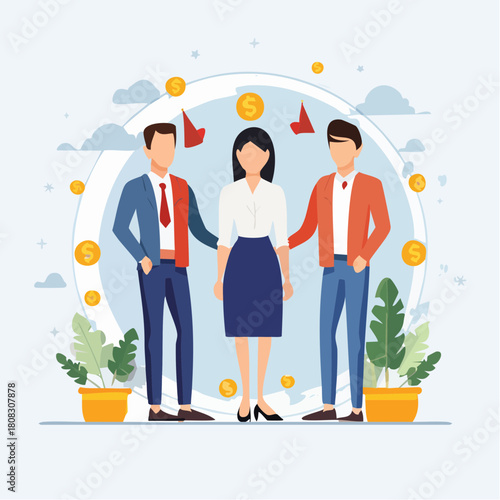Flat vector illustration of a diverse business team collaborating together, featuring clean geometric shapes and soft modern colors. Ideal for presentations, corporate branding, teamwork concepts