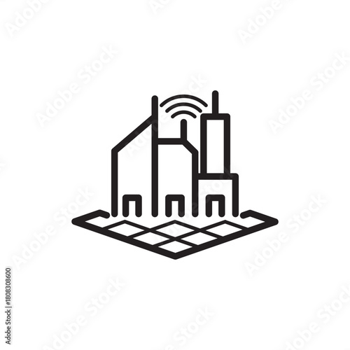 Smart city grid icon. Features buildings on a network grid with a wireless signal. Represents connected urban infrastructure, IoT, smart management, data exchange, and future telecommunications.