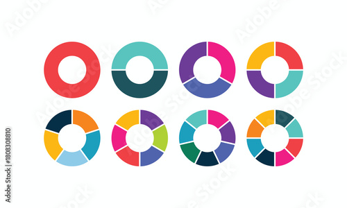 Vibrant donut chart infographics set with various segments for data analysis, finance, annual reports, and dashboard design