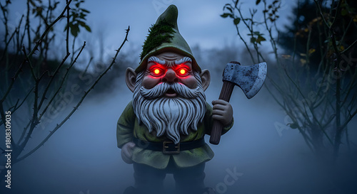 Charming unsettling gnome red eyes tiny axe foggy garden