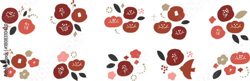 正月の椿イラストフレーム。年賀状用和風植物フレーム。椿と植物の北欧風。