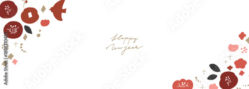 正月の椿イラストフレーム。年賀状用和風植物フレーム。椿と植物の北欧風。