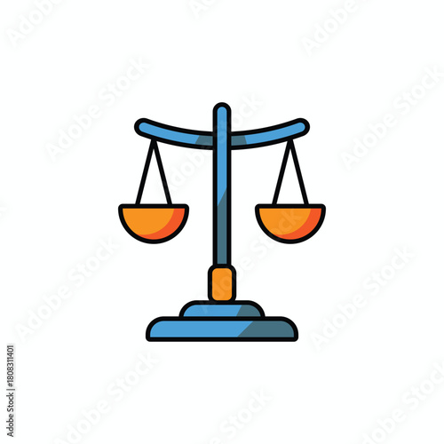 Colorful, balanced scales of justice vector icon. Represents equality, law, fairness, and weighing concept in modern design