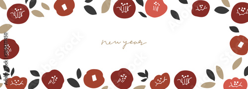 正月の椿イラストフレーム。年賀状用和風植物フレーム。椿と植物の北欧風。