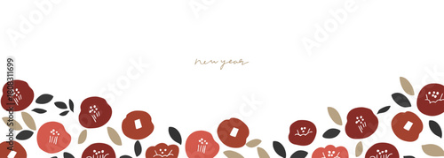 正月の椿イラストフレーム。年賀状用和風植物フレーム。椿と植物の北欧風。