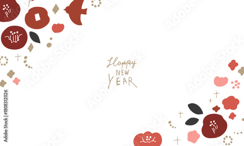 正月の椿イラストフレーム。年賀状用和風植物フレーム。椿と植物の北欧風。