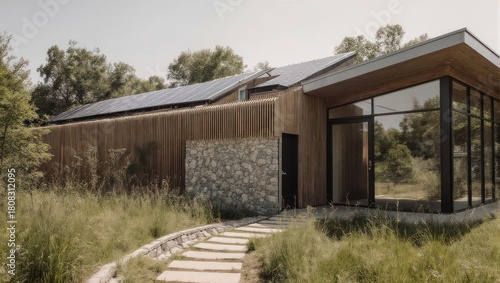 Modern eco-friendly house nestled in a meadow.  Exterior showcasing natural materials, solar panels, and large windows.  Pathway leads to entrance