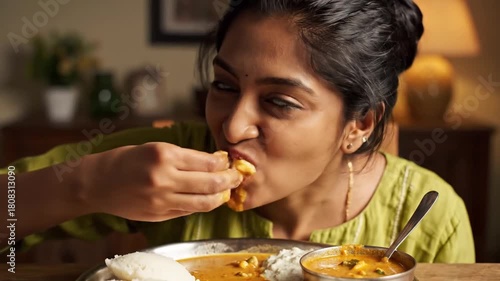 Young Woman Eating South Indian Dish With Hand, Wearing Green Kurti in Indoor Setting with Warm Lighting, Focus on Delicious Meal and Cultural Experience