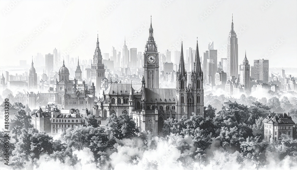 Obraz premium Soft Pencil Doodles of City Landmarks for Tourism Map