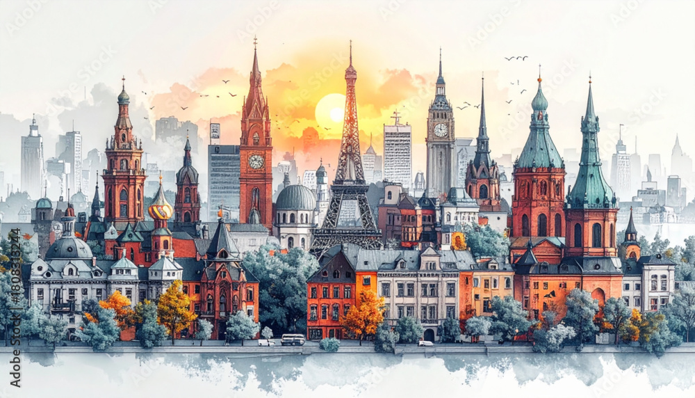 Obraz premium Soft Pencil Doodles of City Landmarks for Tourism Map