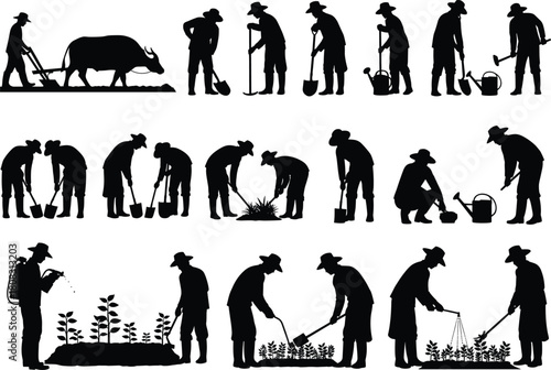 Collection of agricultural worker silhouettes, farmers planting and digging soil, man plowing with buffalo, vector illustration set for farming concept design.