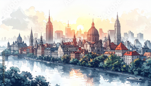 Soft Pencil Doodles of City Landmarks for Tourism Map