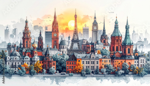 Soft Pencil Doodles of City Landmarks for Tourism Map