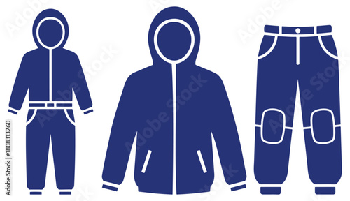 Winter Sports Apparel, blue coat, hoodie, ski pants, cold weather clothing set, Blue Winter Wear Icons outdoor jacket, hooded top and insulated pants collection