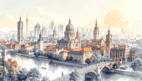 Soft Pencil Doodles of City Landmarks for Tourism Map