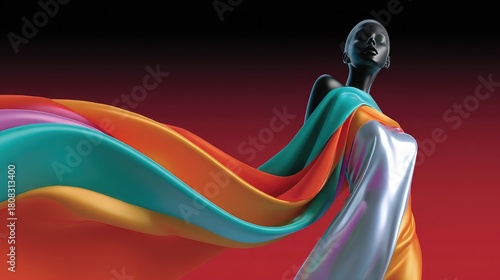 Elegant Artistry: Sculpture of Woman with Flowing Colorful Fabric on Gradient Background