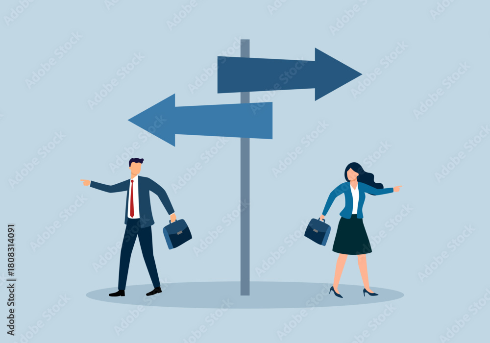 Fototapeta premium Businessman and businesswoman choose different way. Making different decisions.