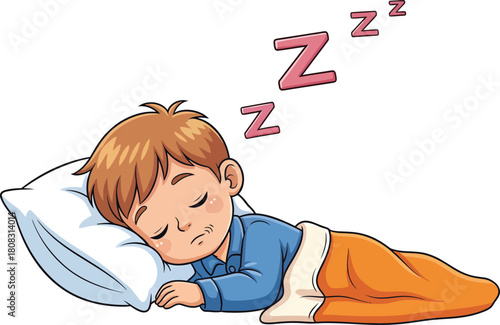 Cute cartoon boy sleeping soundly in bed at night.