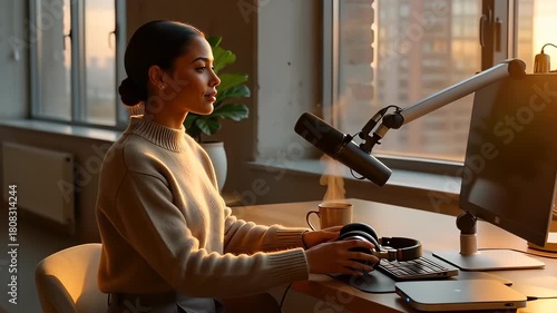 Young female podcaster and content creator in her 20s prepares to broadcast for her subscribers from a modern home office with a city view at sunrise.