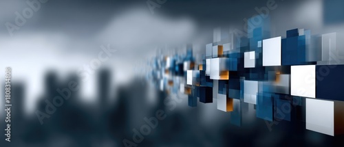 Fototapeta Naklejka Na Ścianę i Meble -  Abstract Geometric Blocks with Blurred Cityscape Background in Blue and Gray Tones