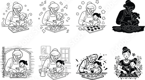 Grandmother and granddaughter baking cookies in kitchen, isolated vector illustration set, black and white line art and silhouette styles, happy family concept.