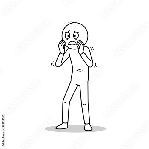 Stick figure retreating slightly with a frightened face, showing hesitation and fear.