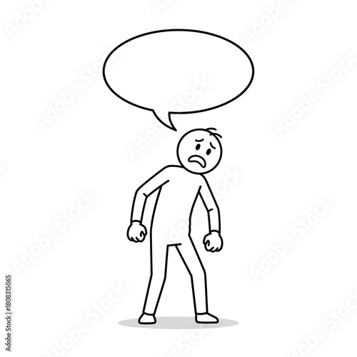 Doodle character standing with trembling posture and an empty large speech bubble for customizable text.
