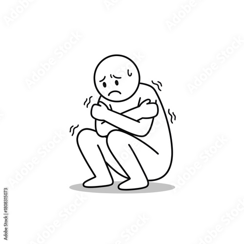 Stick figure squatting and hugging their knees tightly, expressing fear while holding themselves together.