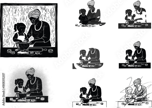 Grandmother and granddaughter baking together in kitchen, black and white vector illustration set, family cooking activity, silhouette and linocut art style.
