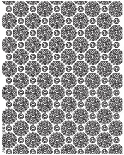 Intricate black and white floral pattern forming a repeating circular design