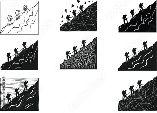 Mountaineering team climbing steep slope, vector illustration set featuring silhouette, linocut and geometric styles, hikers ascending mountain peak for adventure concept.