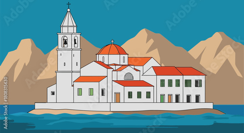 Cartoon illustration of church on island with sea and mountain view
