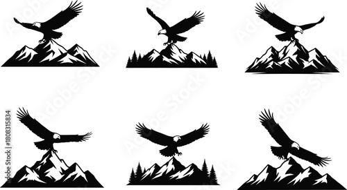 Set of bald eagle silhouettes flying over mountain peaks, isolated black vector illustration collection for logo design, outdoor adventure and freedom symbol.