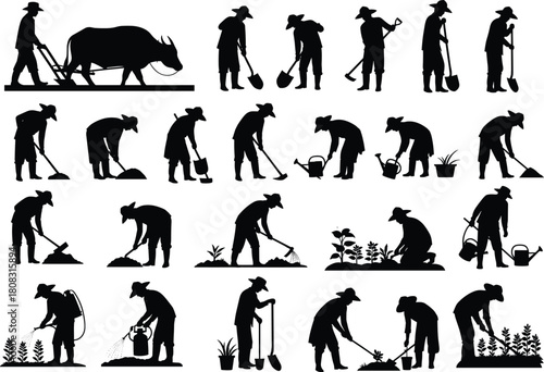 Set of farmer silhouettes working in field, man plowing with buffalo, gardening and planting, isolated black vector illustration for agriculture design.