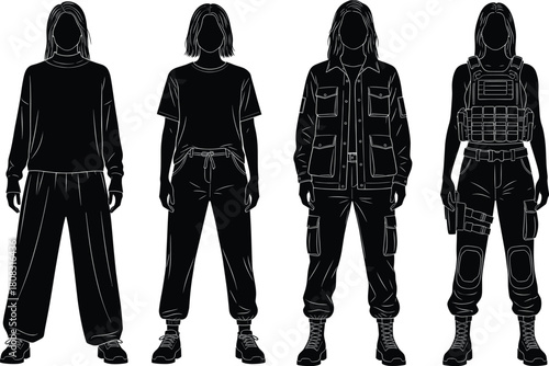 Set of female character silhouettes, woman changing from casual clothing to military tactical soldier gear, isolated black vector illustration for game design.