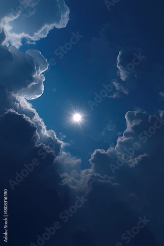 Minimal deep-blue cloudscape with central glowing star and large negative sky space