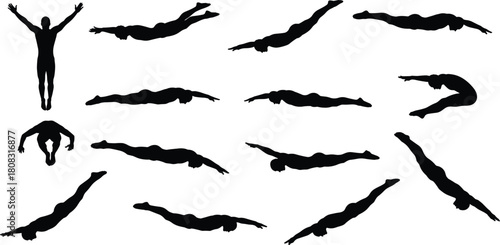 Set of male swimmer silhouettes, athletic man diving and swimming in pool, isolated black vector illustration for summer sport competition, fitness design.