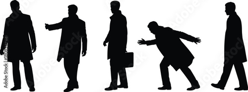 Silhouettes of business men standing and moving in different poses, corporate lifestyle concept, professional activity illustration scene