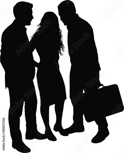 Silhouette of three business people standing together discussing ideas, teamwork collaboration concept, professional group illustration scene