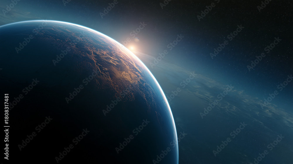 Naklejka premium Earth-Like Exoplanet With Soft Blue Atmosphere – Clean Realistic Space Scene