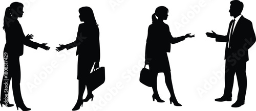 Silhouettes of business professionals greeting and meeting in various poses, workplace communication concept, corporate interaction illustration scene